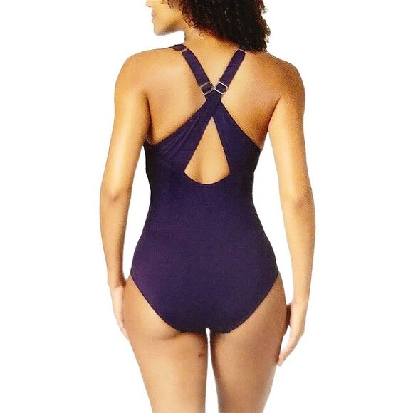 Lands' End Ruched Tummy Flattering UPF 50 Crossback Swimsuit Purple, Size S NWT - Picture 3 of 13